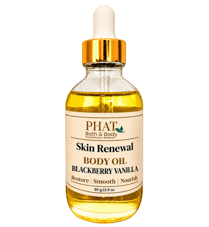 Phat Bath & Body Blackberry Vanilla Skin Renewal Body Oil, 3.5 oz golden body oil in a clear glass dropper bottle with a gold cap and cream label.