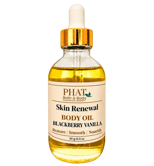 Phat Bath & Body Blackberry Vanilla Skin Renewal Body Oil, 3.5 oz golden body oil in a clear glass dropper bottle with a gold cap and cream label.
