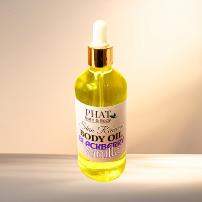 Bottle of Phat Bath & Body Blackberry Vanilla body oil on a gradient background
