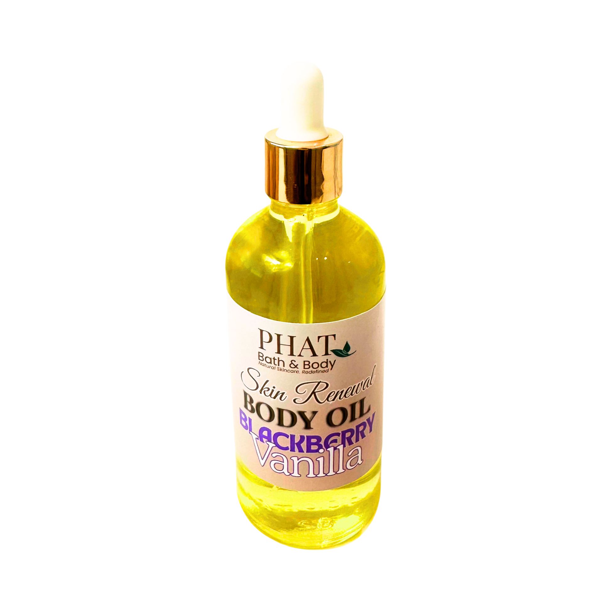 Bottle of Phat Bath & Body Blackberry Vanilla body oil on a white background