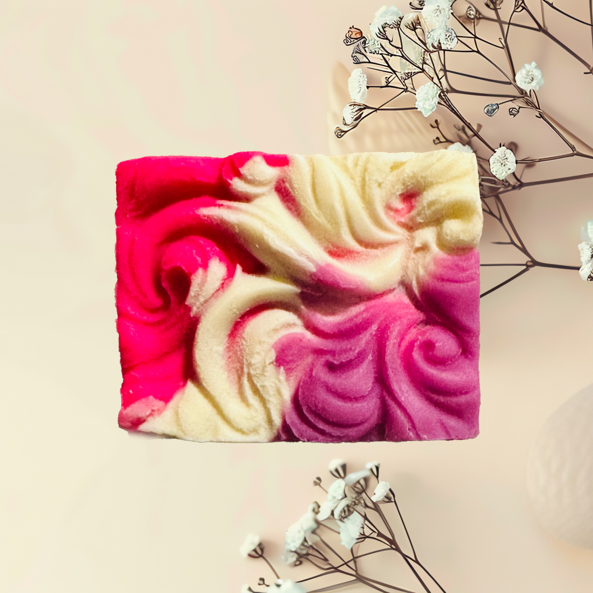 Swirled pink and white soap bar with dried flowers on a beige background
