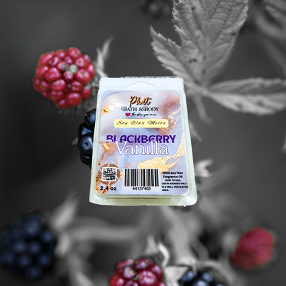 Blackberry Vanilla soy wax melt packaging with berries in the background