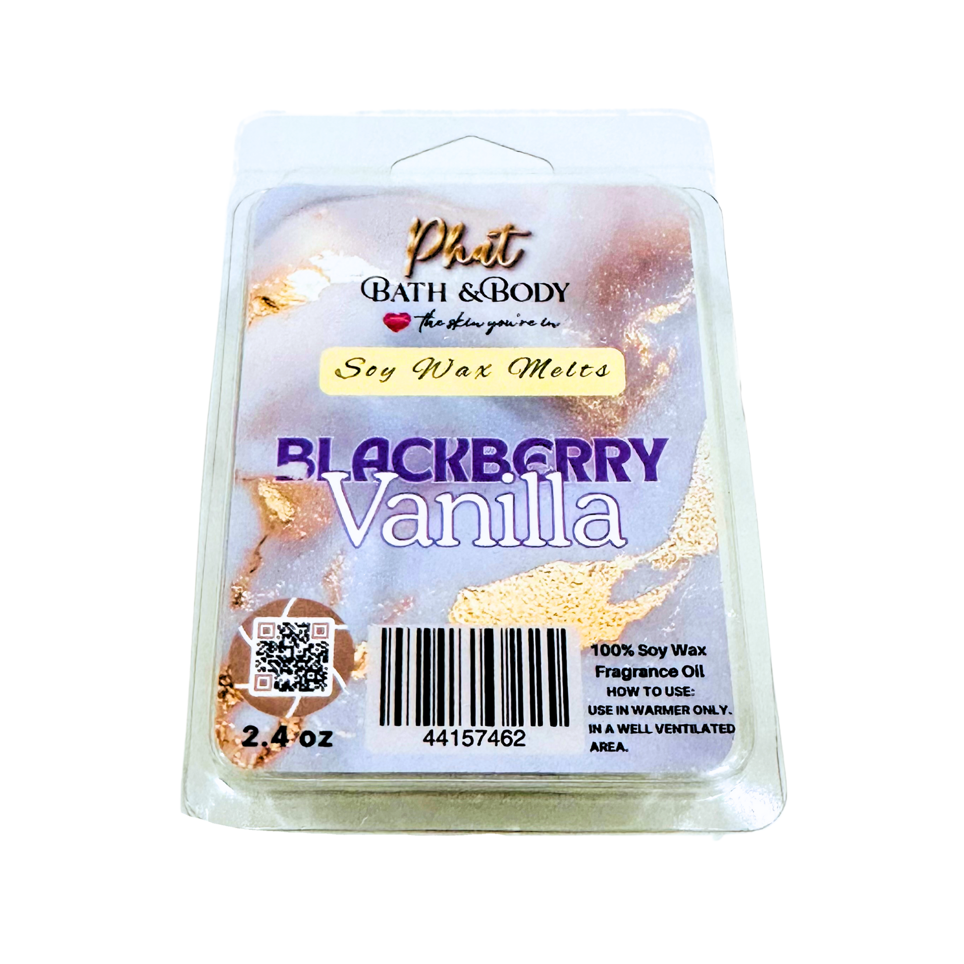 Packaged soy wax melts with 'Blackberry Vanilla' fragrance on a white background