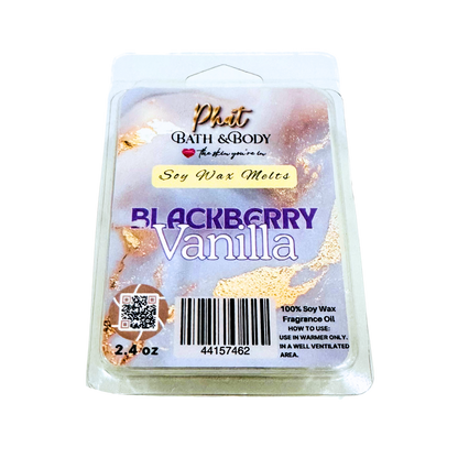 Packaged soy wax melts with 'Blackberry Vanilla' fragrance on a white background