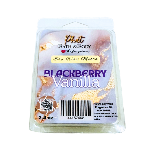 Packaged soy wax melts with 'Blackberry Vanilla' fragrance on a white background