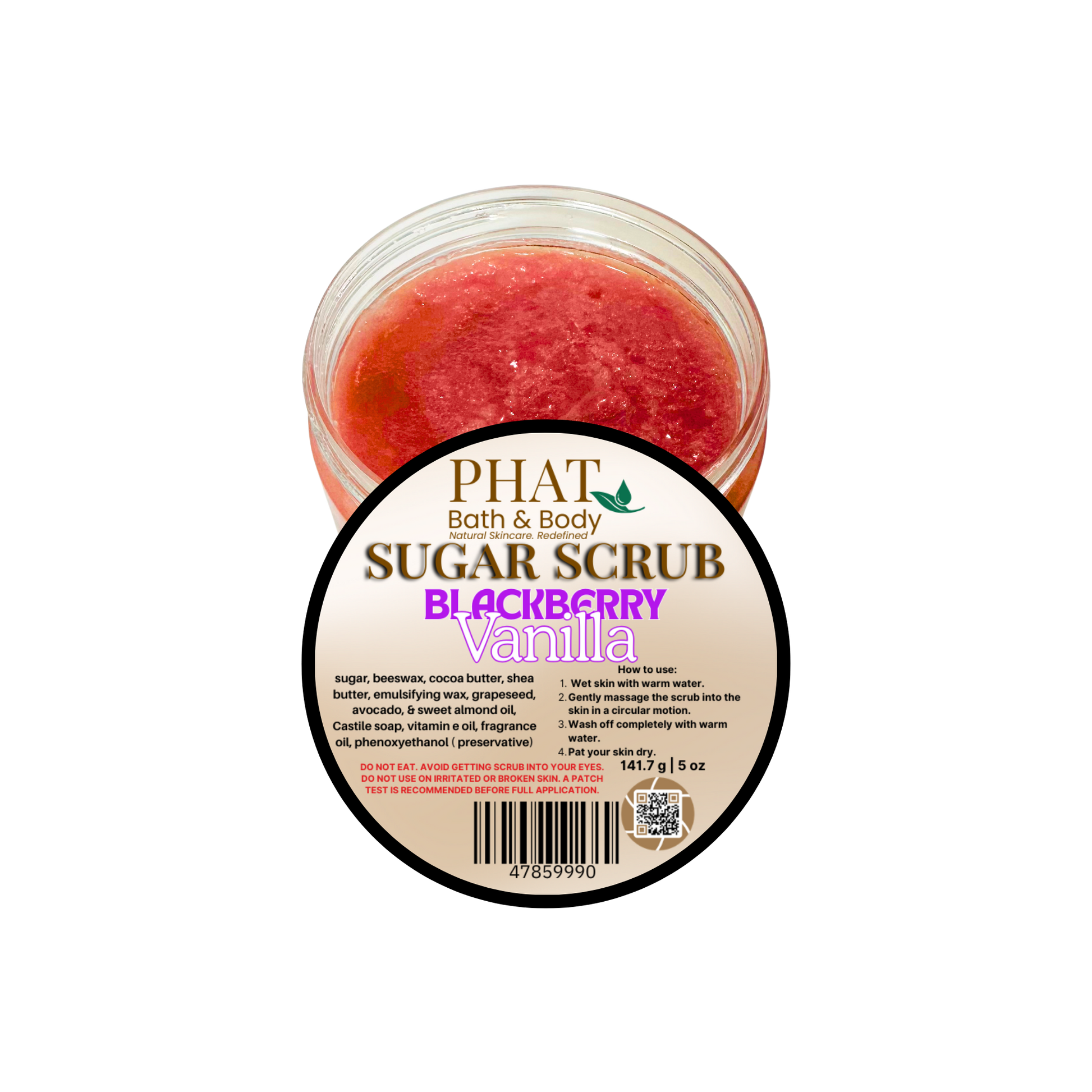 Jar of blackberry vanilla sugar scrub with 'Phat Bath & Body' label on a white background