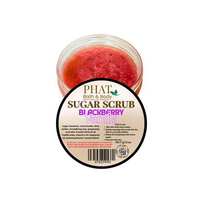 Jar of blackberry vanilla sugar scrub with 'Phat Bath & Body' label on a white background