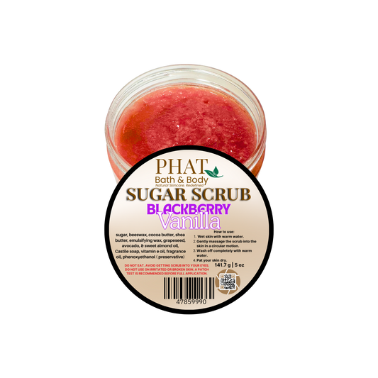 Jar of blackberry vanilla sugar scrub with 'Phat Bath & Body' label on a white background