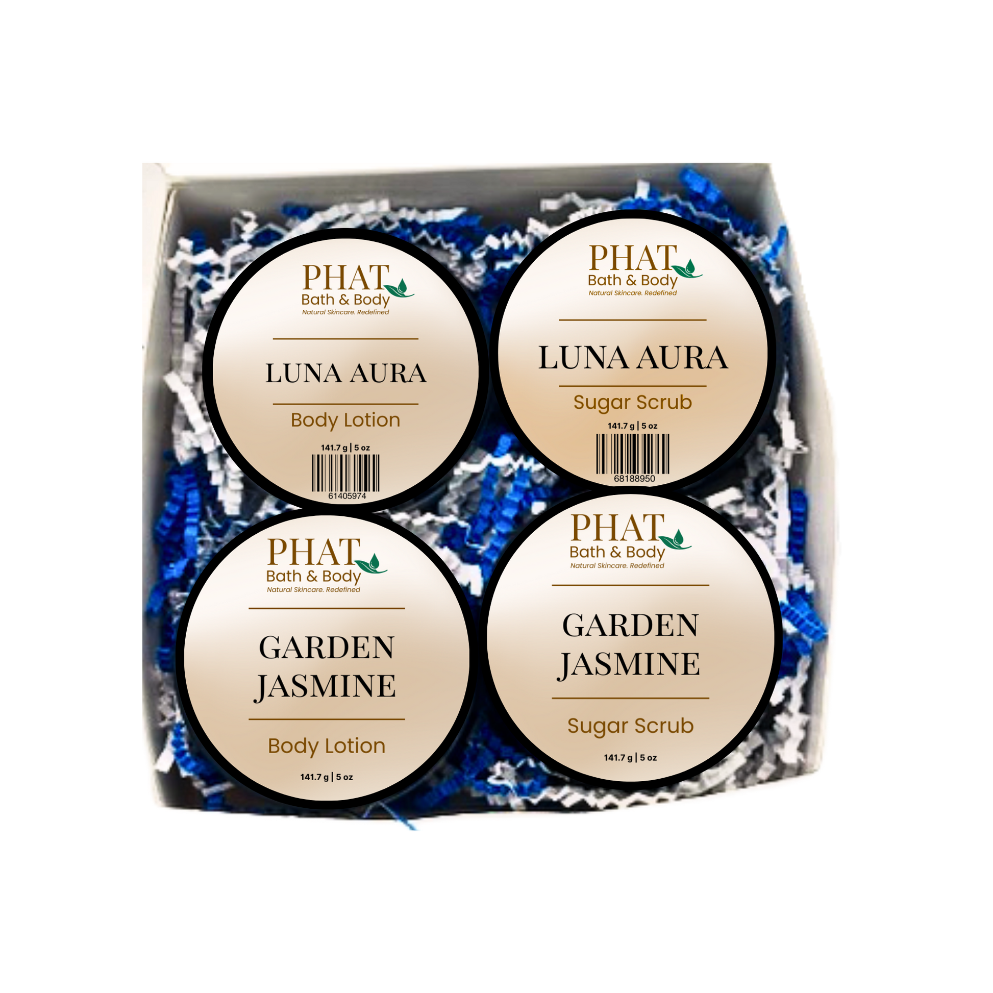 Set of Phat Bath & Body products including body lotions and sugar scrubs in a box.