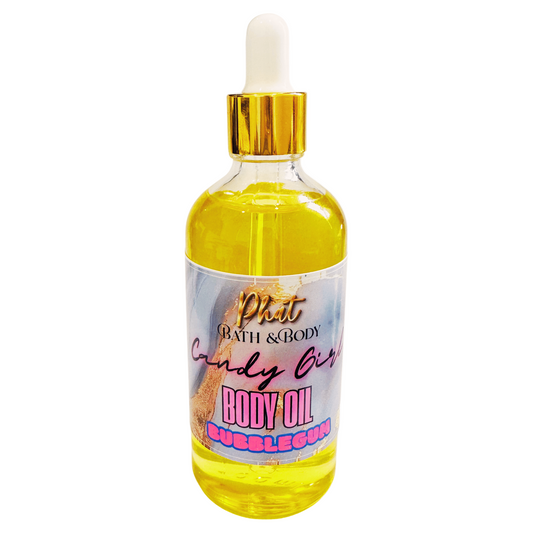 Bottle of body oil with a dropper labeled 'Phat Bath & Body Candy Girl Body Oil Bubblegum' on a white background.