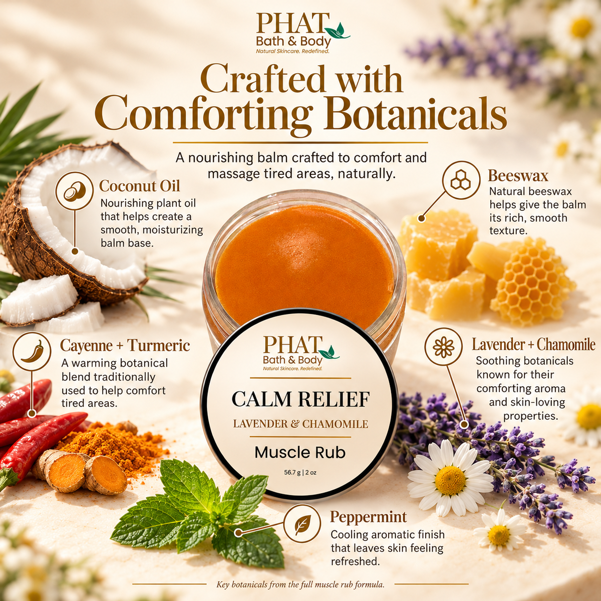 Ingredient guide for Phat Bath & Body Calm Relief Muscle Rub featuring coconut oil, beeswax, cayenne, turmeric, lavender, chamomile, and peppermint. The image explains the balm’s rich texture, comforting botanical blend, and refreshing aromatic finish.