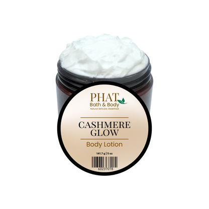 Jar of 'Cashmere Glow' body lotion by Phat Bath & Body on a white background