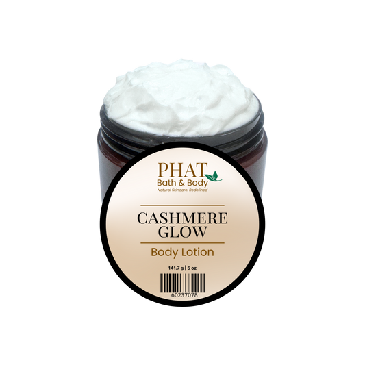 Jar of 'Cashmere Glow' body lotion by Phat Bath & Body on a white background