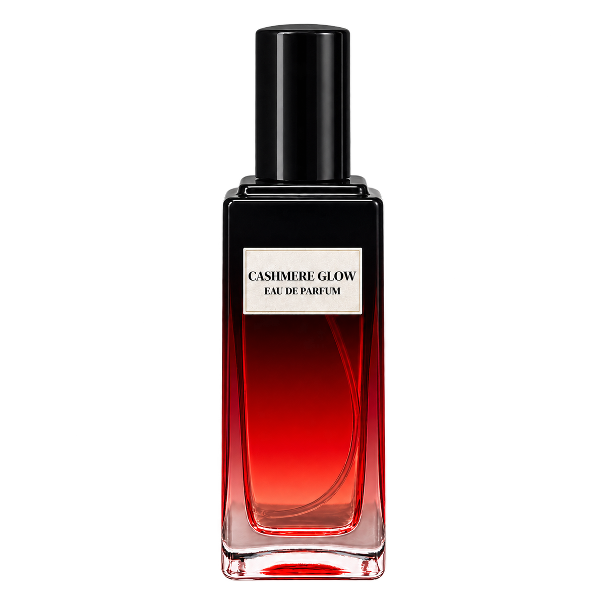 Phat Bath & Body Cashmere Glow Eau de Parfum in a tall clear glass bottle with black cap, warm tan label, and rich red-toned fragrance, shown as the main product image.