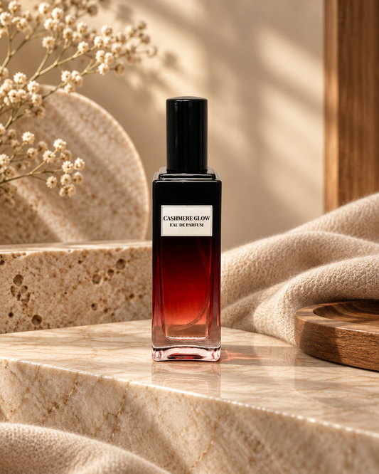 Cashmere Glow women’s Eau de Parfum bottle styled with soft cashmere textures and warm natural stone.