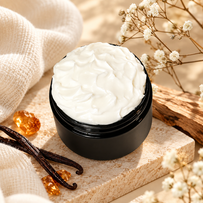Open jar of Phat Bath & Body Cashmere Glow Body Lotion displayed with vanilla beans, warm amber accents, soft knit fabric, white florals, natural wood, and neutral stone.