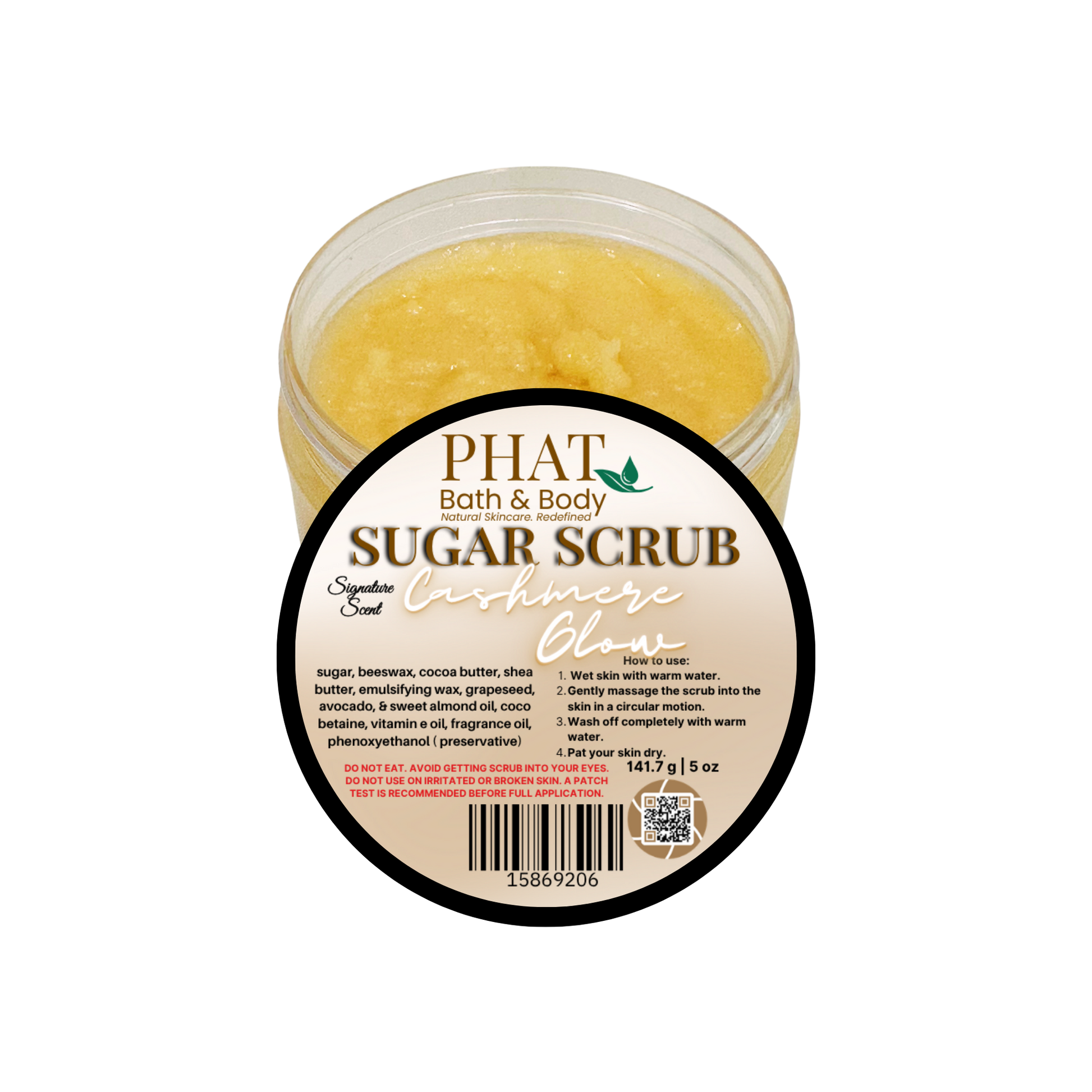 Jar of Phat Bath & Body sugar scrub with a white background