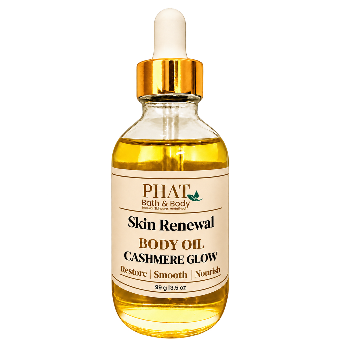 Phat Bath & Body Cashmere Glow Skin Renewal Body Oil, 3.5 oz golden body oil in a clear glass dropper bottle with a gold cap and cream label.
