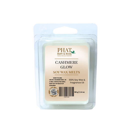 Cashmere Glow soy wax melts packaging with 'Phat Bath & Body' branding on a white background