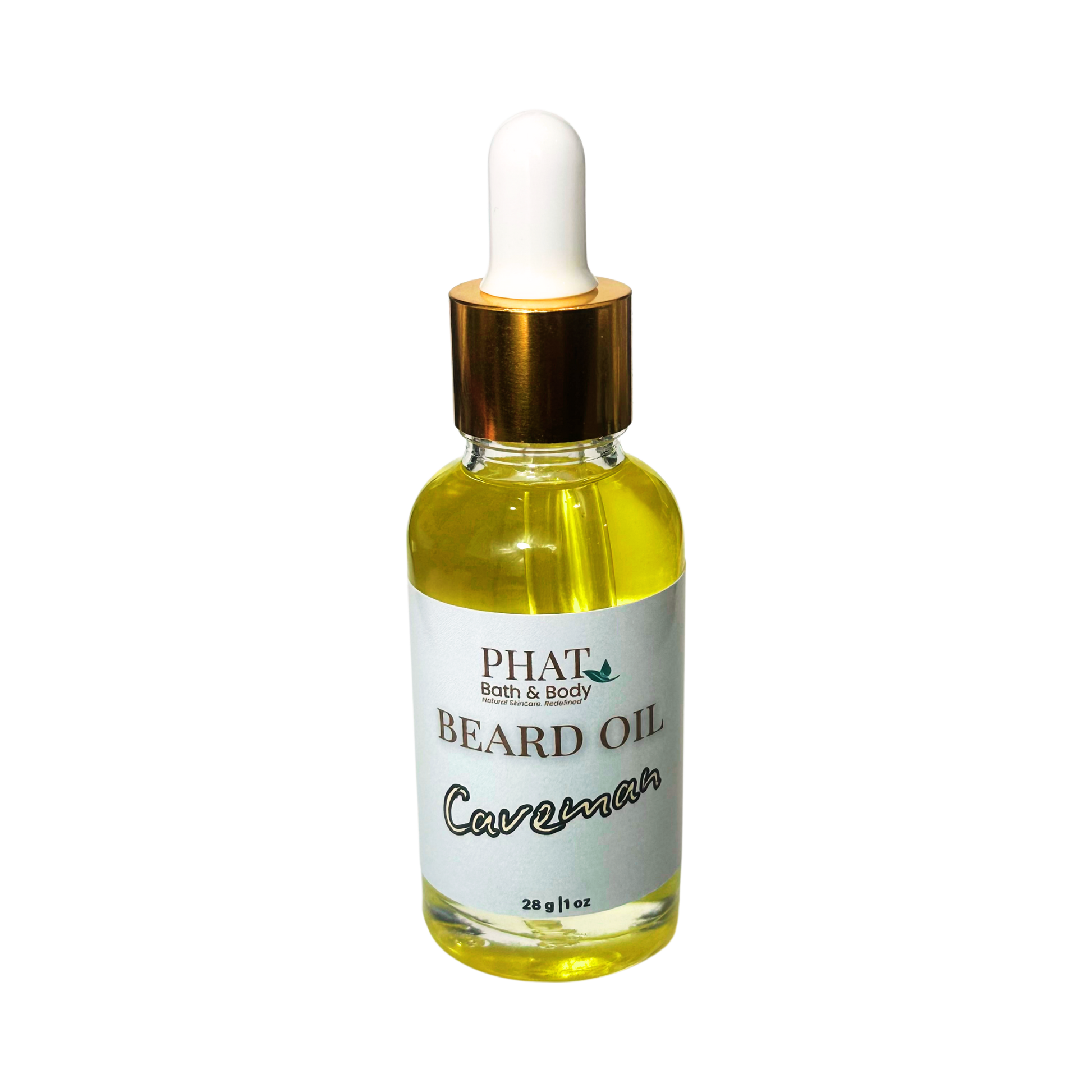 Bottle of Phat Bath & Body beard oil with dropper on a white background