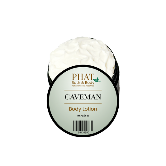 Open black jar of Caveman Men’s Body Lotion with Phat Bath & Body labeled lid and rich white lotion.