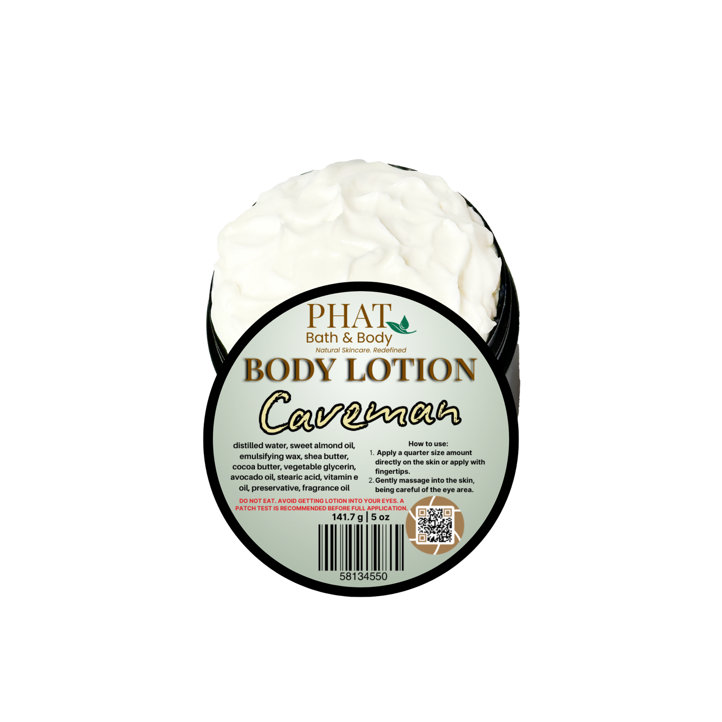 Body lotion container labeled 'Caveman' by Phat Bath & Body on a white background