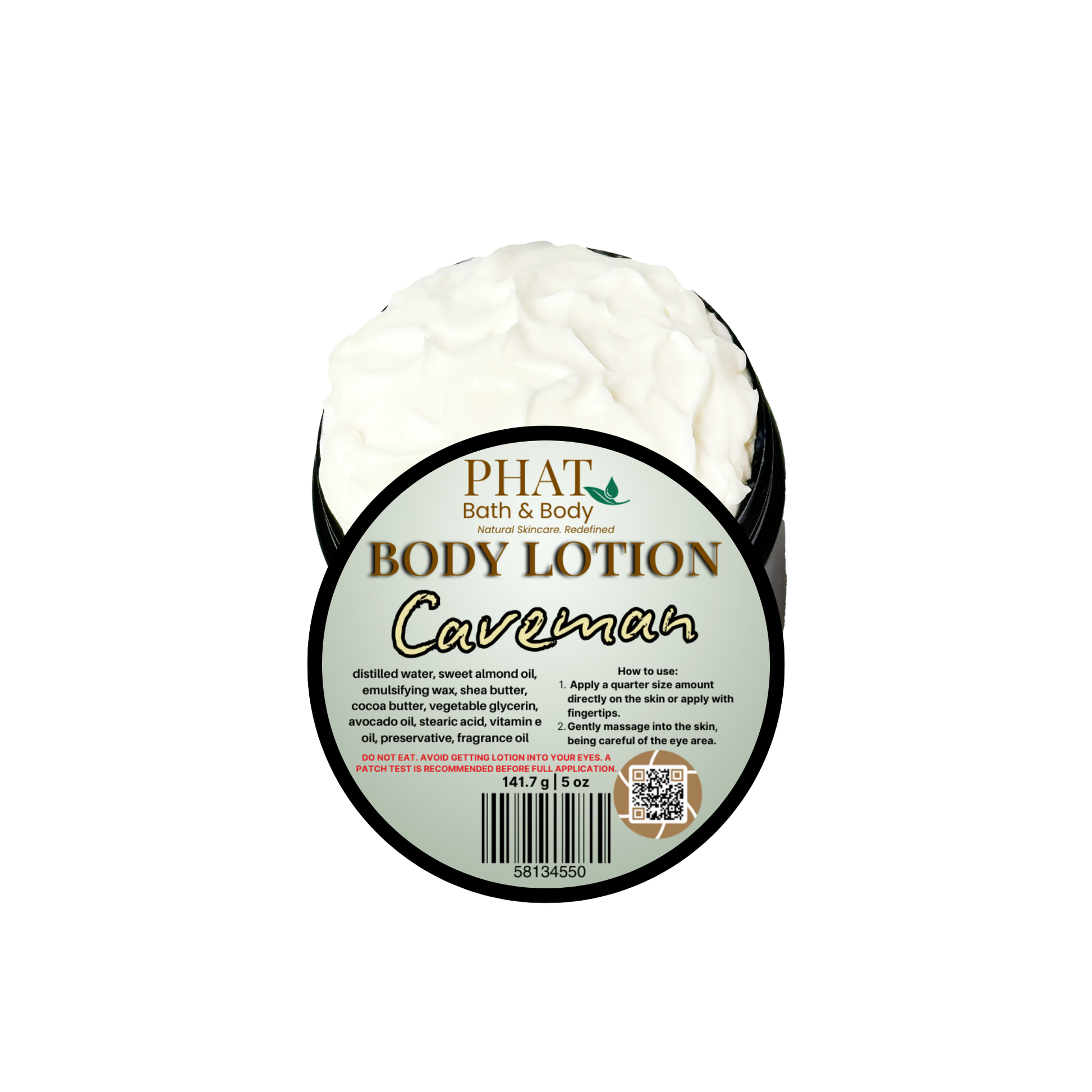 Body lotion container labeled 'Caveman' by Phat Bath & Body on a white background