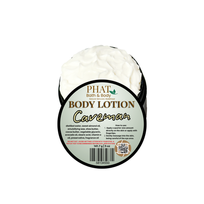 Body lotion container labeled 'Caveman' by Phat Bath & Body on a white background