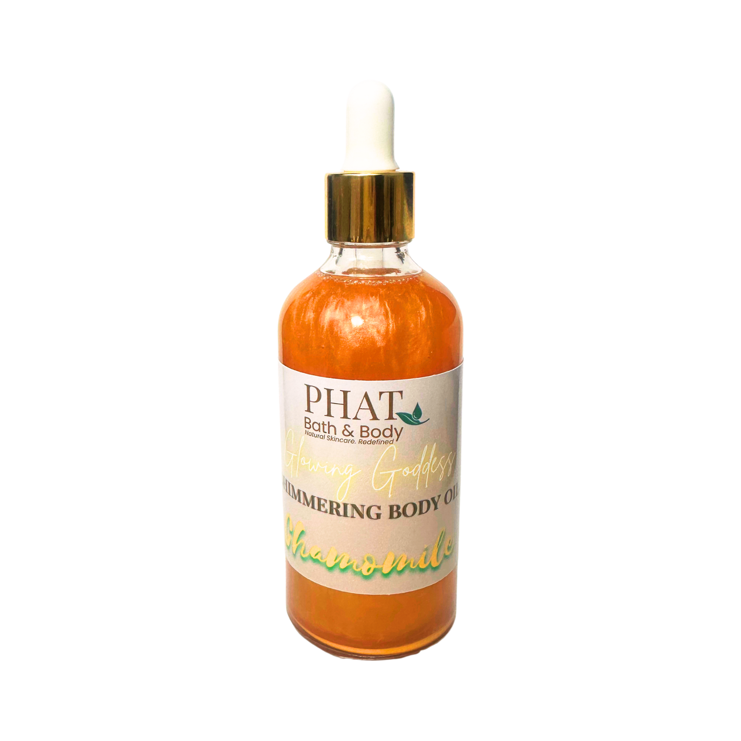 Bottle of 'PHAT Bath & Body' chamomile body oil on a white background