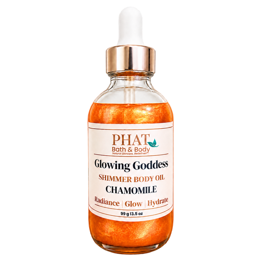 Phat Bath & Body Glowing Goddess Shimmer Body Oil in Chamomile, 3.5 oz glass dropper bottle with warm orange-gold shimmer oil.