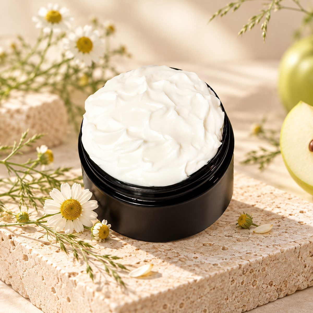 Open jar of Phat Bath & Body Chamomile Body Lotion displayed with chamomile flowers, fresh green apple, delicate greenery, and light neutral stone in a clean botanical setting.