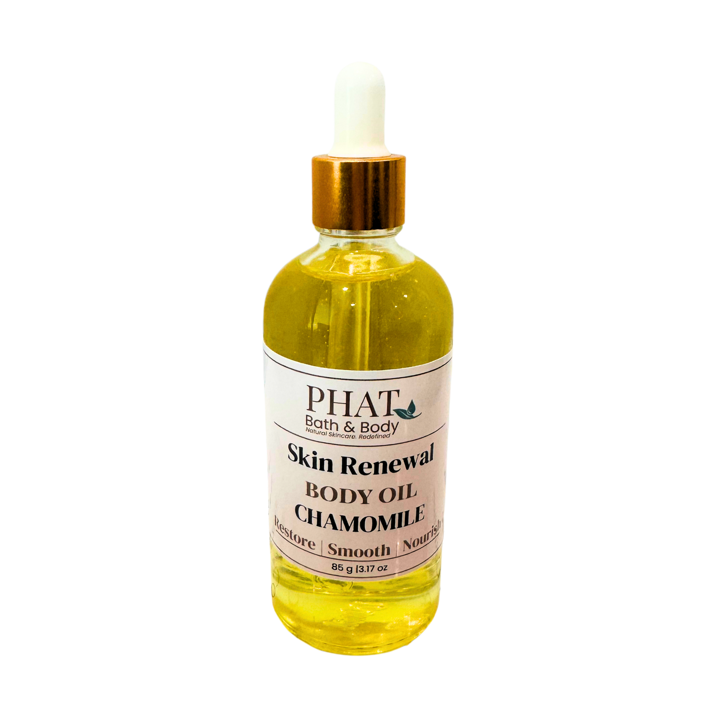 Bottle of PHAT Bath & Body Skin Renewal Body Oil Chamomile on a white background