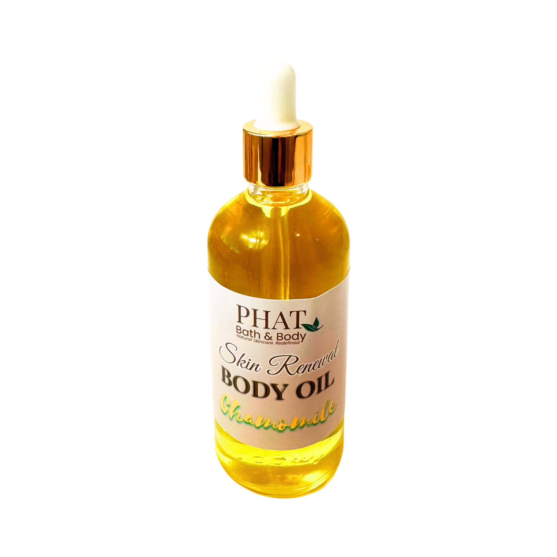 Bottle of PHAT Bath & Body Skin Renewal Body Oil with a gold dropper on a white background