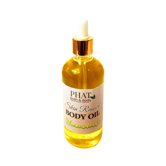 Bottle of PHAT Bath & Body Skin Renewal Body Oil with a gold dropper on a white background