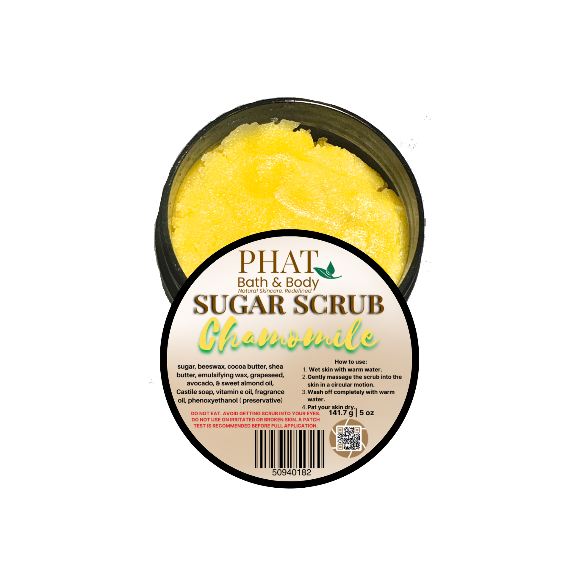 Yellow sugar scrub in a container with 'Phat Bath & Body' branding on a white background