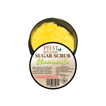 Yellow sugar scrub in a container with 'Phat Bath & Body' branding on a white background
