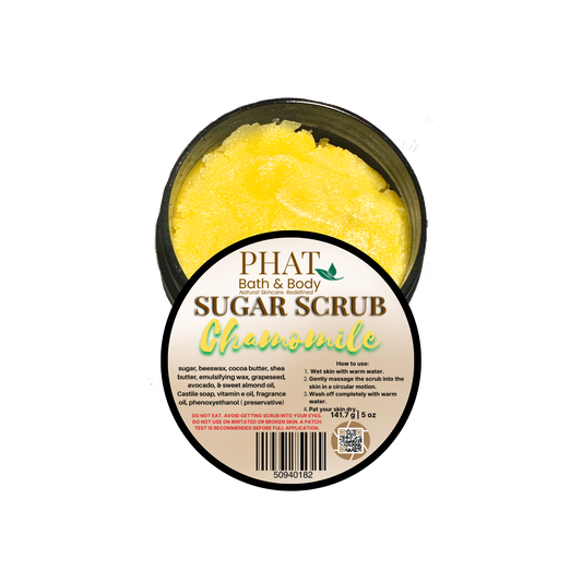 Yellow sugar scrub in a container with 'Phat Bath & Body' branding on a white background