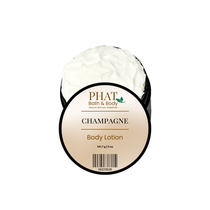 Phat Bath & Body Champagne 5 oz Body Lotion in an open black jar with labeled lid and rich white moisturizing lotion.