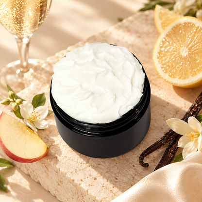 Open jar of Phat Bath & Body Champagne Body Lotion displayed with apple, citrus, vanilla beans, white florals, and a sparkling drink in a bright neutral setting.