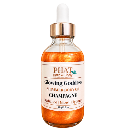 Phat Bath & Body Glowing Goddess Shimmer Body Oil in Champagne, 3.5 oz glass dropper bottle with luminous orange-gold shimmer.