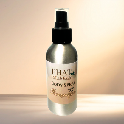 Body spray bottle labeled 'PHAT Bath & Body' on a gradient background