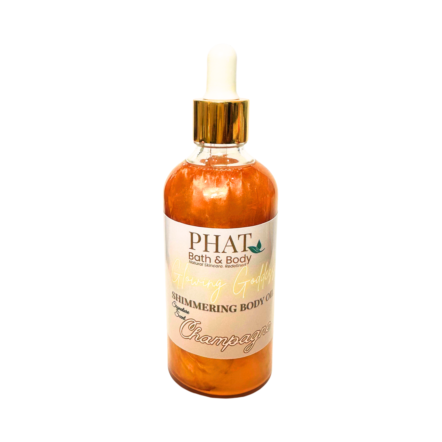Bottle of 'PHAT Bath & Body' shimmering body oil with a gold top on a white background