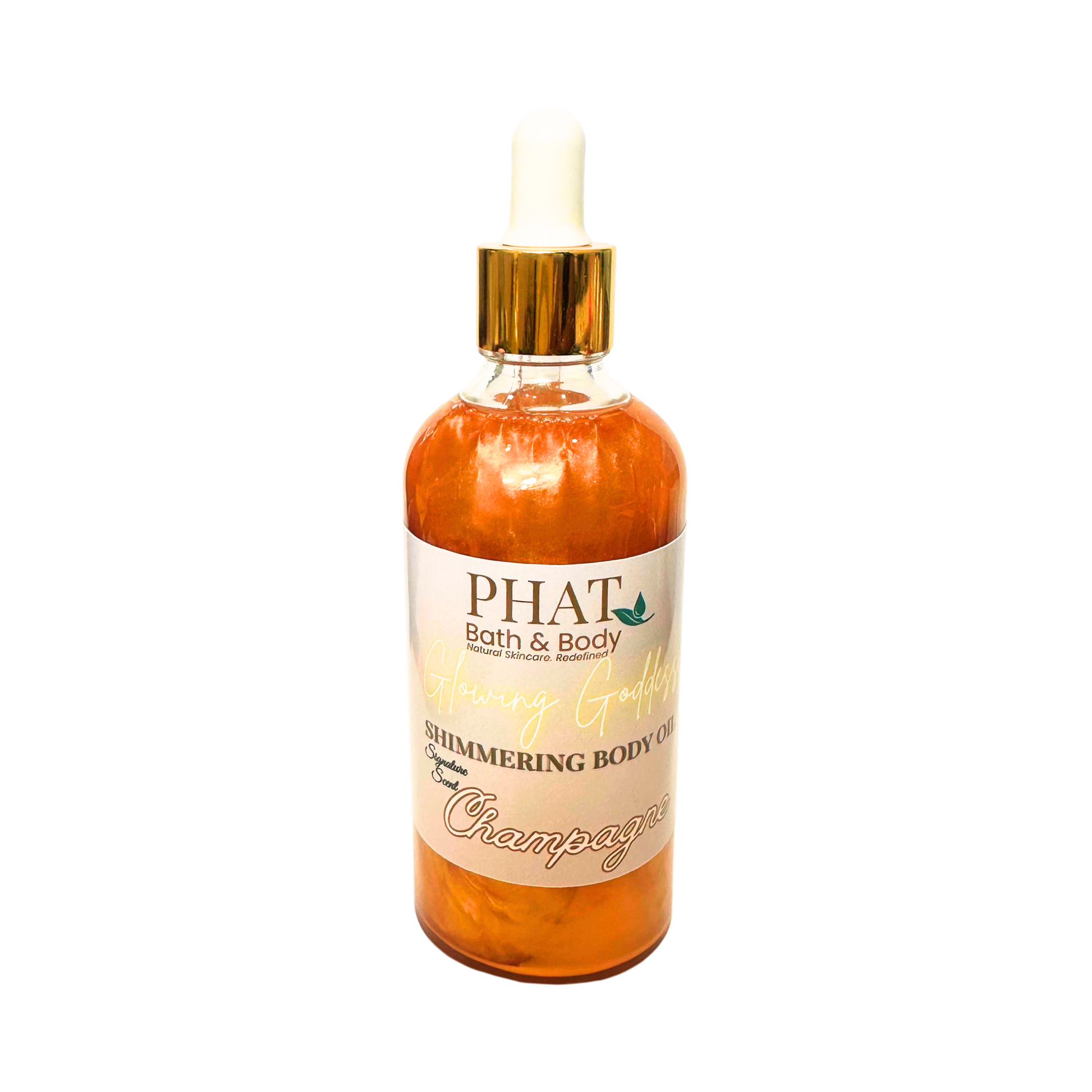 Bottle of 'PHAT Bath & Body' shimmering body oil with a gold top on a white background