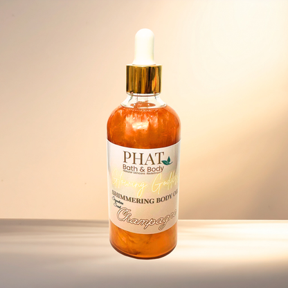 Bottle of 'PHAT Bath & Body' shimmering body oil on a gradient background