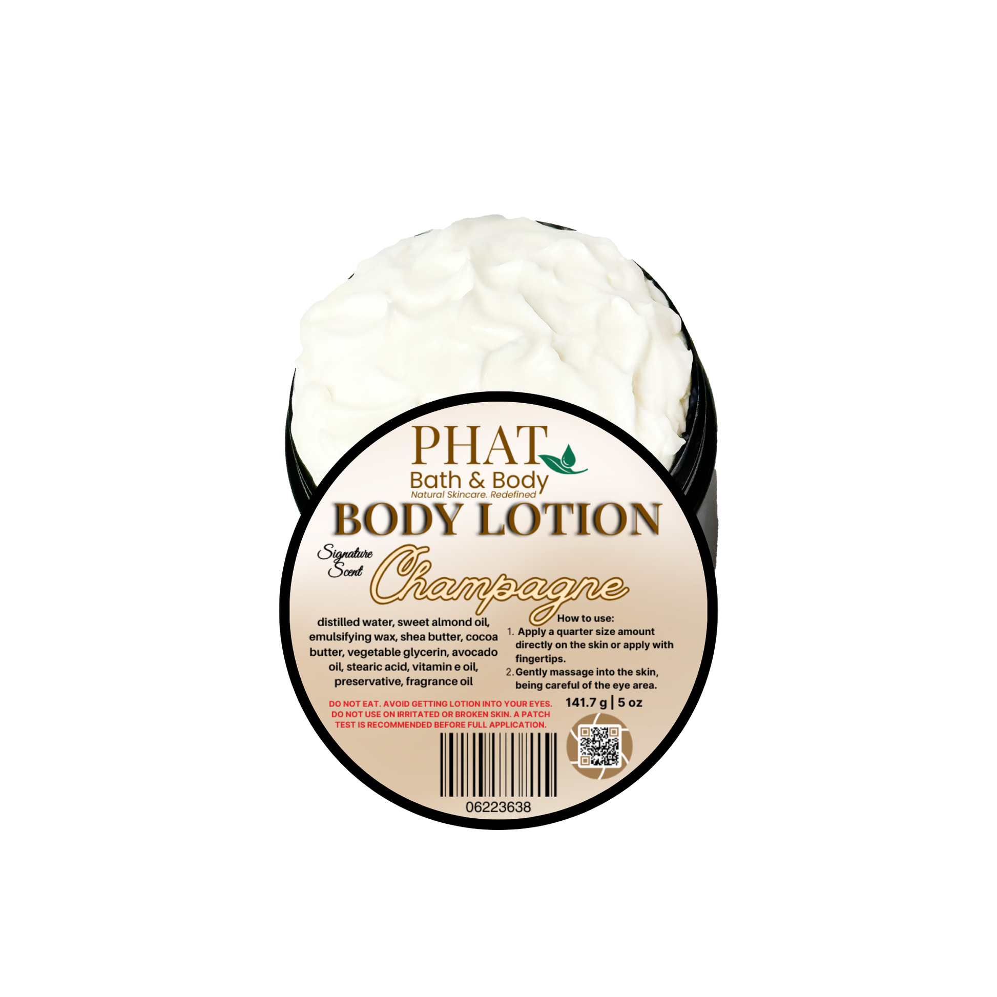 Body lotion container labeled 'Phat Bath & Body Champagne' on a white background