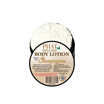 Body lotion container labeled 'Phat Bath & Body Champagne' on a white background
