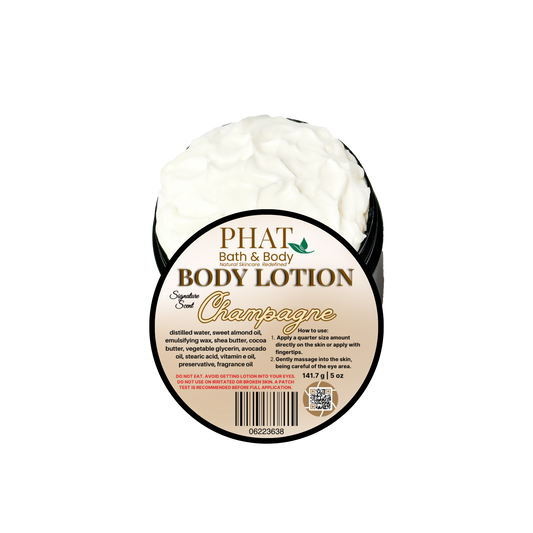 Body lotion container labeled 'Phat Bath & Body Champagne' on a white background