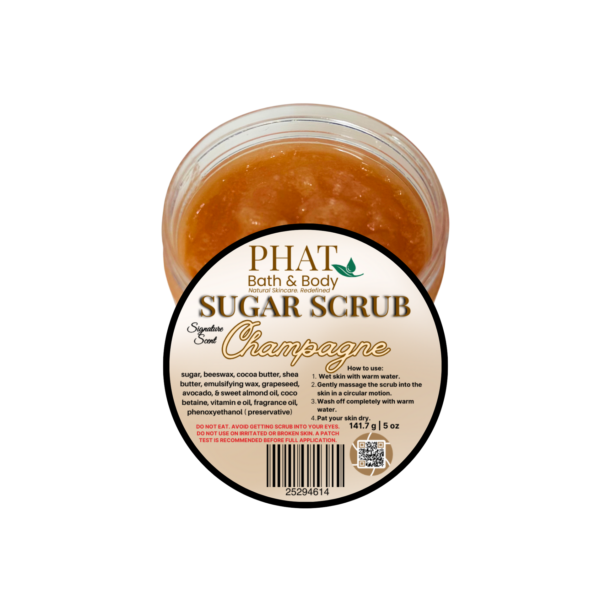 Jar of Champagne-scented sugar scrub with 'Phat Bath & Body' label on a white background