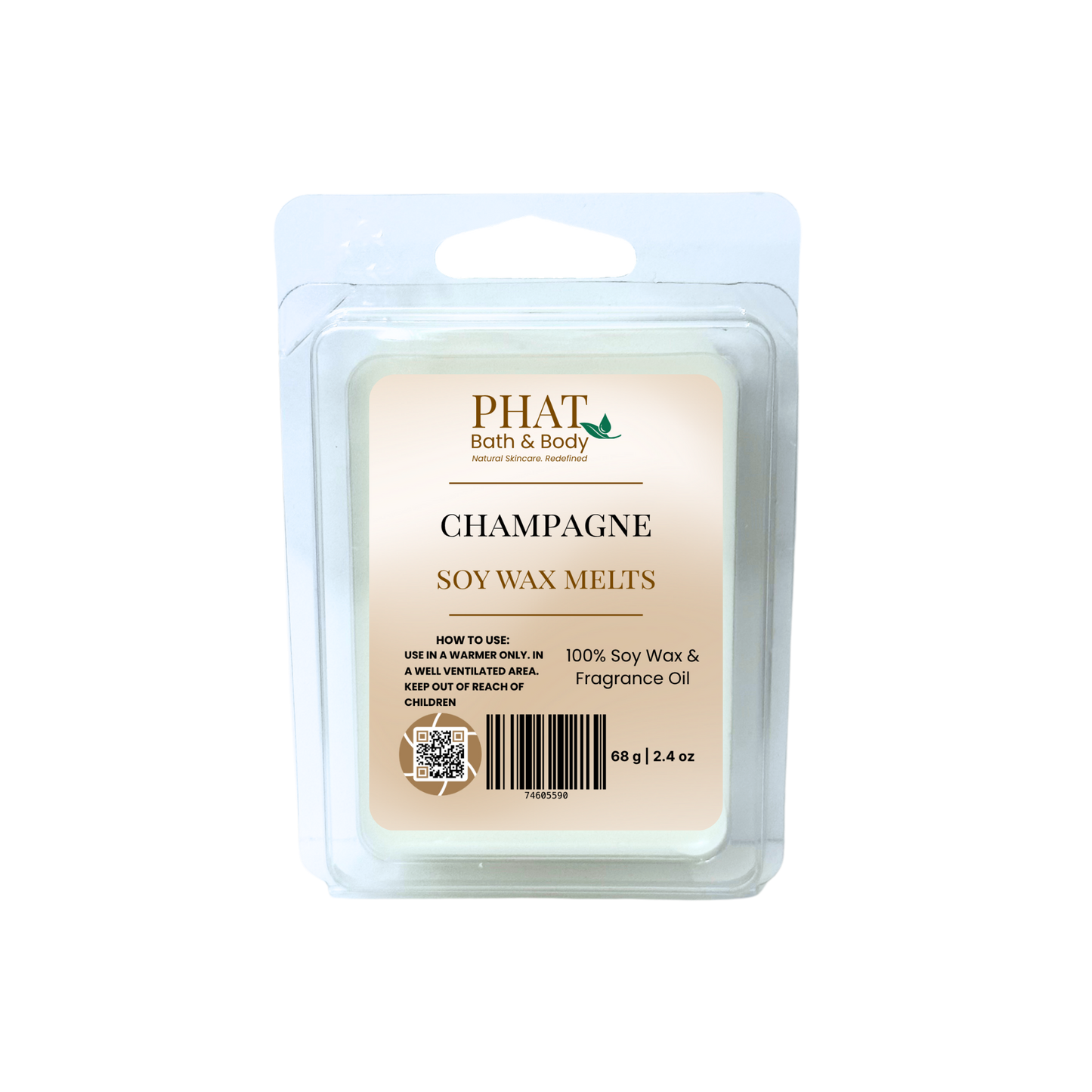 Pack of Champagne soy wax melts by Phat Bath & Body on a white background