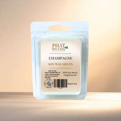Pack of Champagne soy wax melts by Phat Bath & Body on a gradient background